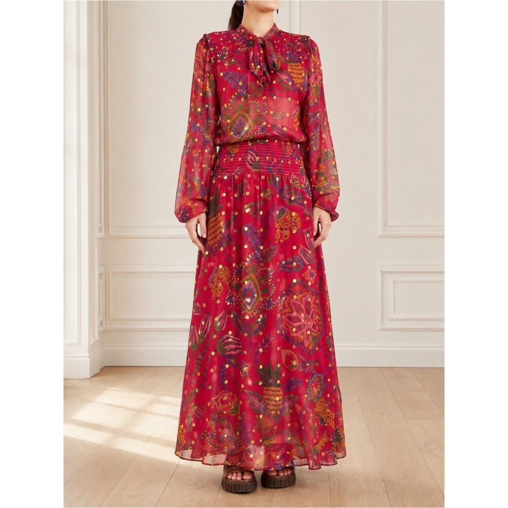 NWT Farm Rio Sunset Tapestry Floral Long Sleeve Boho Maxi Dress Warm Red Size XS
